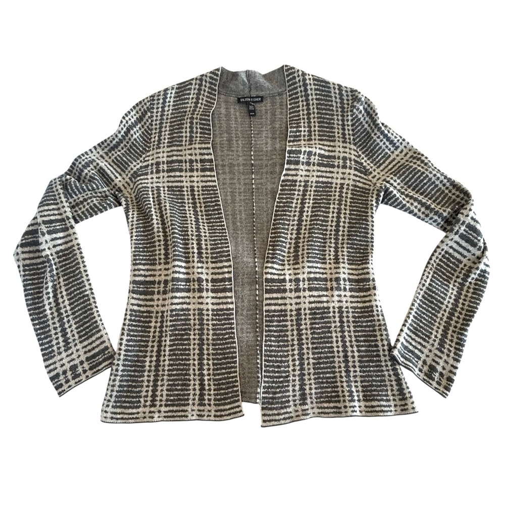 Eileen Fisher Tencel Wool Open Front Plaid Cardigan in Gray & Cream Size M